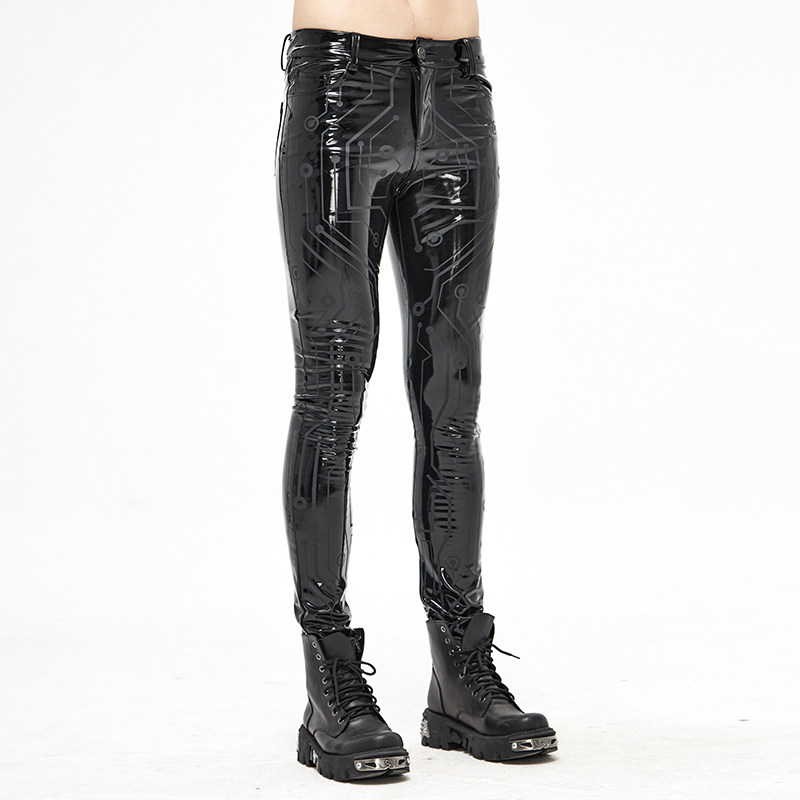 사이버 펑크 남성 PU 가죽 바지 회로 인쇄 바지 가을 겨울 꽉 끼는 두꺼운 청소년 캐주얼 바지 작은 발
