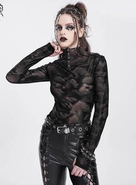 Devil Fashion恶魔时尚女装哥特不规则竖纹网料T恤TT289