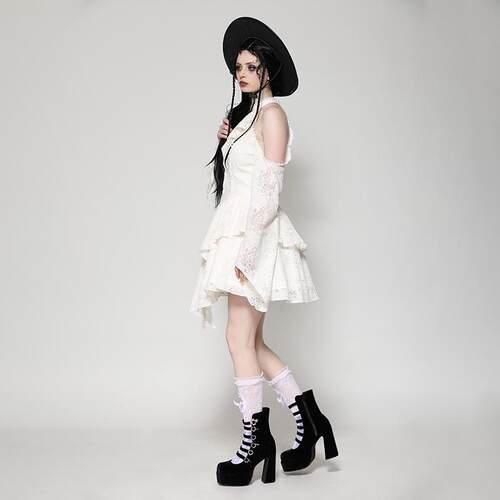 Dark in Love个性欧美哥特蒸汽朋克风米色性感露肩连衣裙DW1039