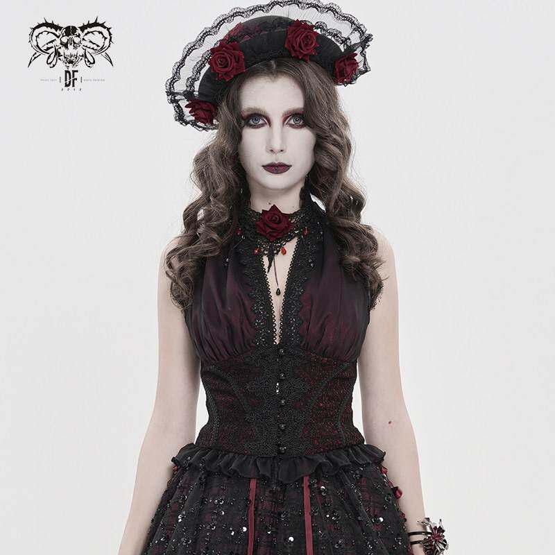 Devil Fashion恶魔时尚哥特暗黑女装面蕾丝挂颈马甲T恤SHT161