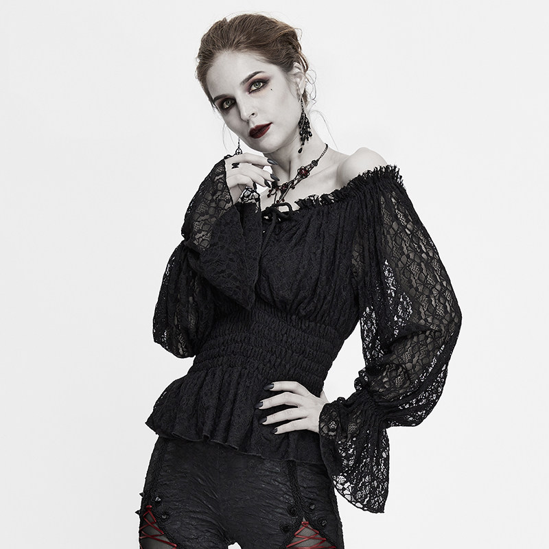 哥特舞台风长袖t恤一字领露肩洋气女装上衣镂空性感洋气春夏服饰
