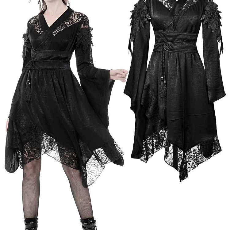 哥特式蕾丝镂空一字肩和服连衣裙