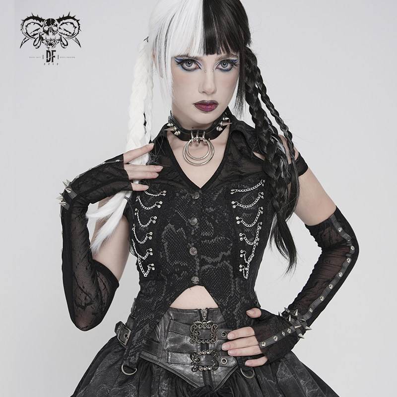 Devil Fashion恶魔时尚哥特暗黑女装蛇纹链条露肩蕾丝上衣SHT150