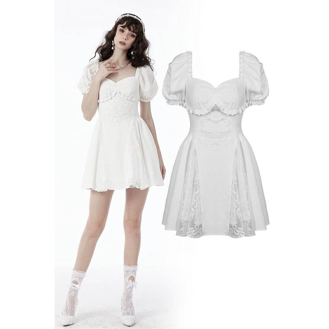 DARK IN LOVE哥特女装 白色天使刺绣泡泡袖连衣裙 DW659