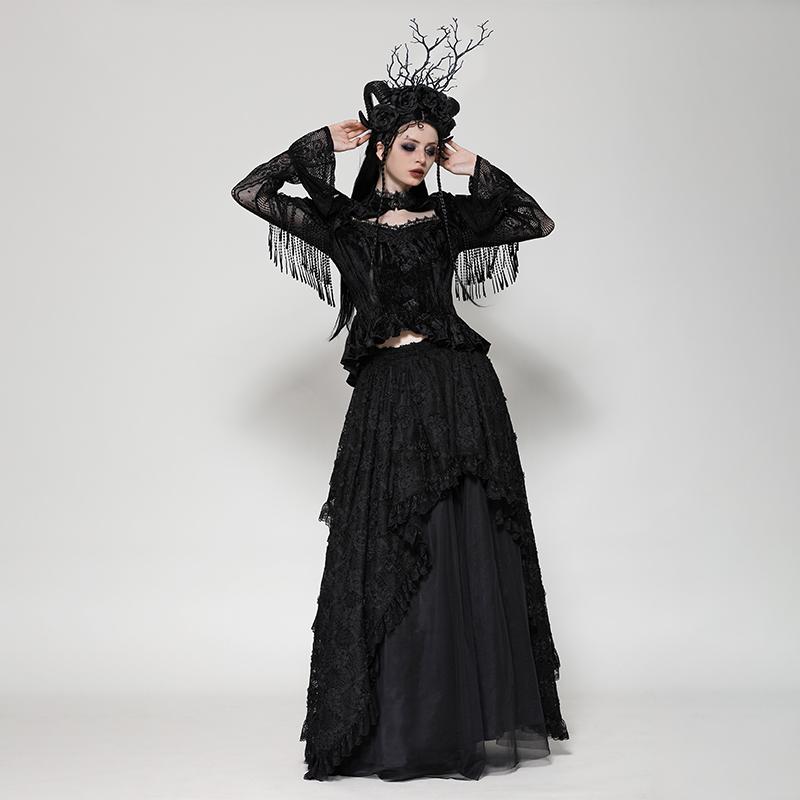 Dark in Love哥特暗黑玫瑰压花绒古典流苏花边袖上衣TW618