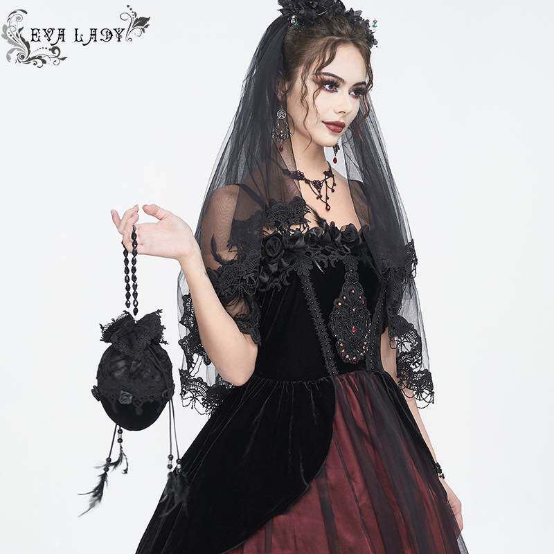 EVA LADY恶魔时尚女包哥特朋克暗黑纬平绒花网手提包EAS014