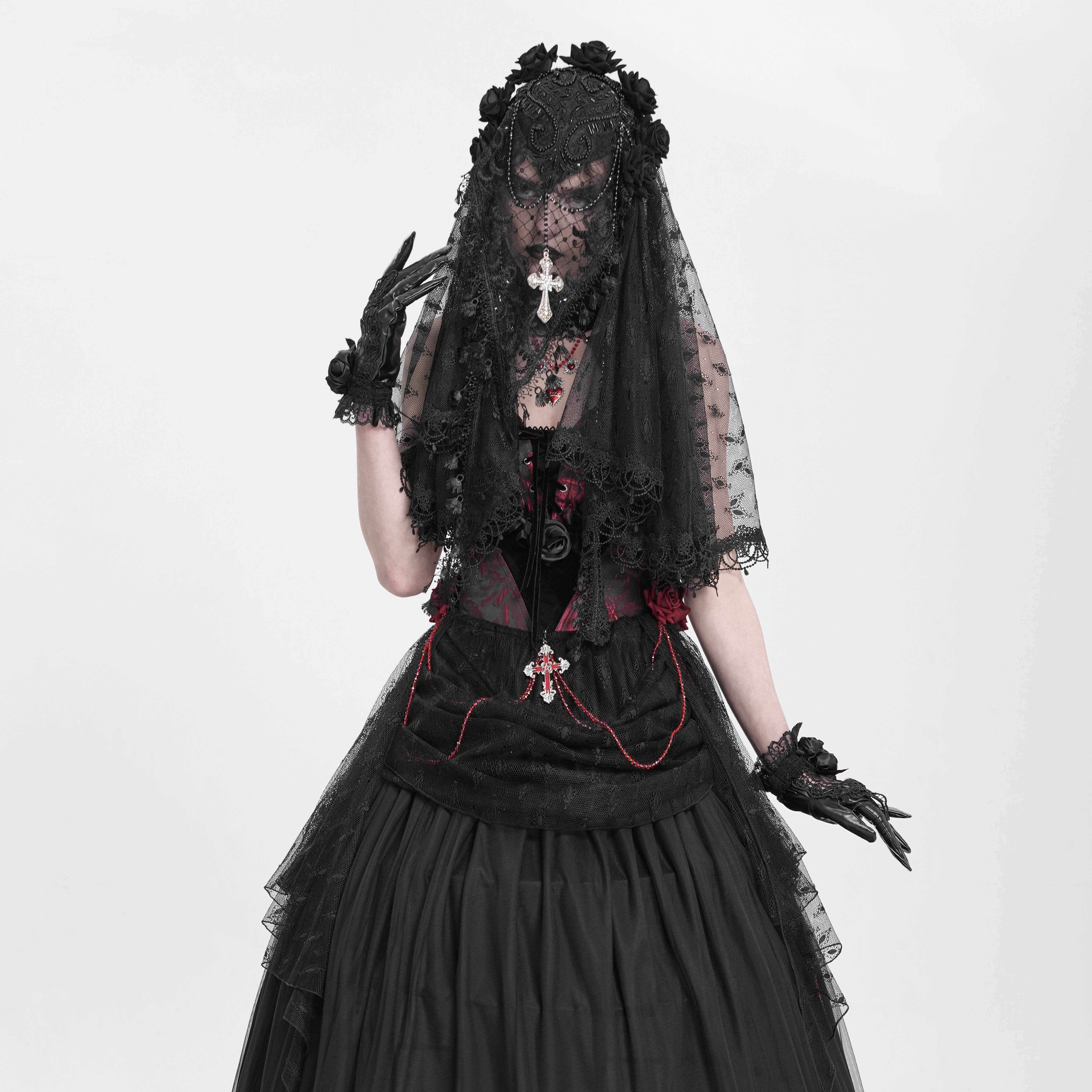 EVA LADY恶魔时尚女装哥特朋克暗黑七朵玫瑰花菱形网头纱 EAS023