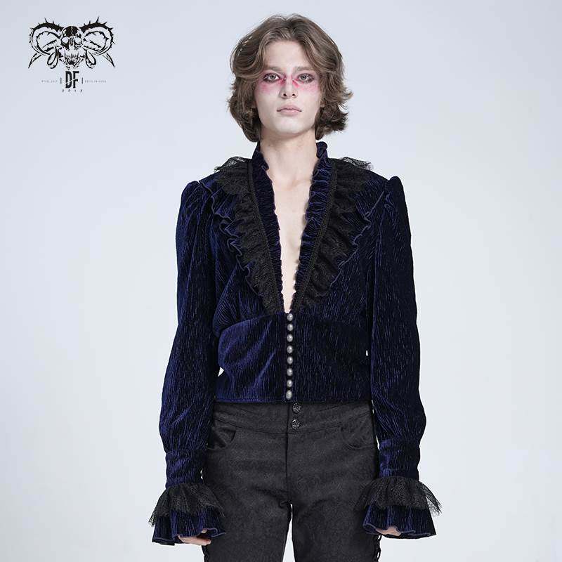 Devil Fashion恶魔时尚哥特暗黑男装蕾丝V领衬衫短款衬衣SHT13302