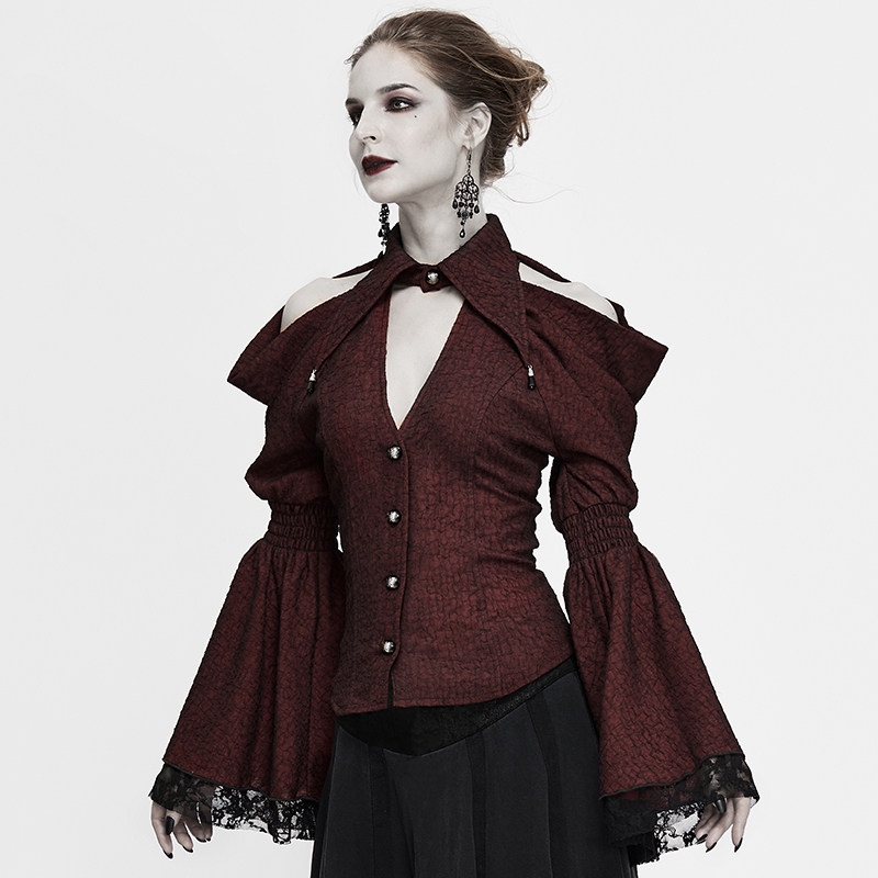 哥特gothic时尚喇叭袖春夏款T恤蕾丝拼接性感修身上衣女洋气小衫