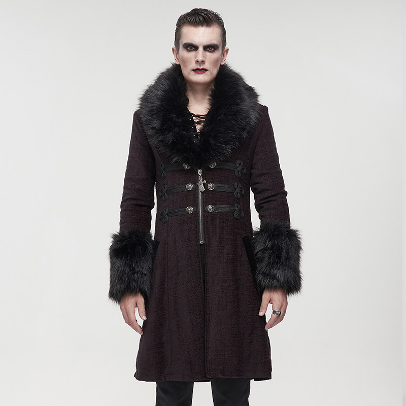 哥特带毛领外套西装领中长款加厚风衣秋冬季拉链绅士风男装毛大衣