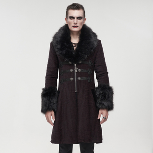 哥特带毛领外套西装领中长款加厚风衣秋冬季拉链绅士风男装毛大衣