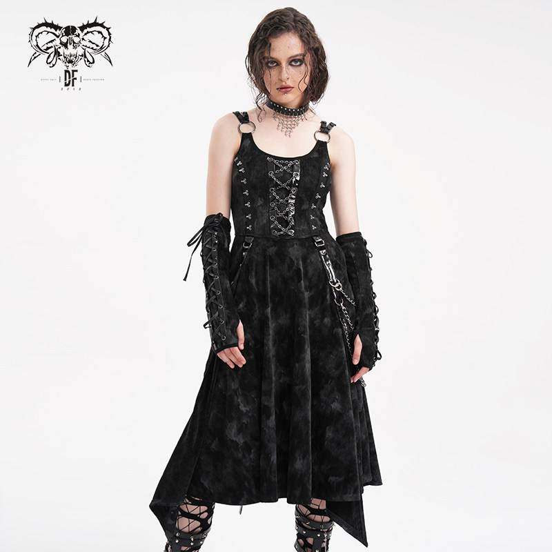 Devil Fashion恶魔时尚哥特暗黑女装双吊带链条收腰洋装SKT209
