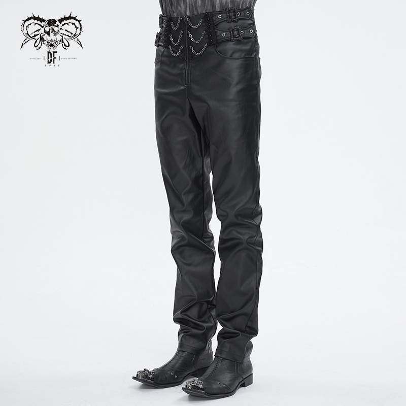 Devil Fashion恶魔时尚男装哥特朋克暗黑链条装饰皮料裤子PT243