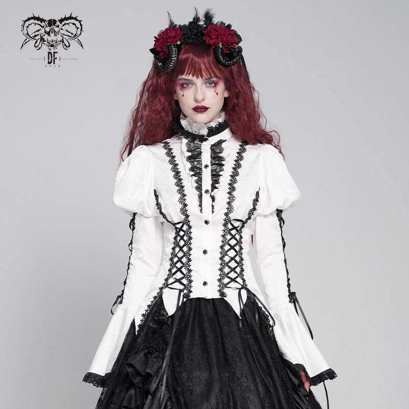 Devil Fashion恶魔时尚哥特女装蕾丝衬衫喇叭袖收腰衬衫SHT14202