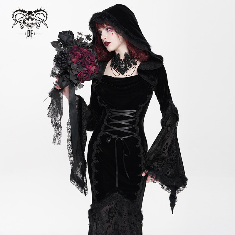 DevilFashion哥特黑色绑带姬袖带帽女巫连衣裙SKT24001