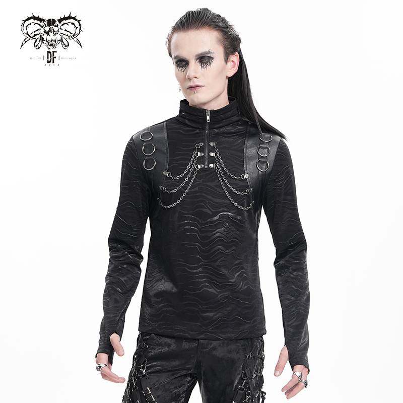 Devil Fashion恶魔时尚哥特暗黑男装半高领链条T恤打底衫TT284