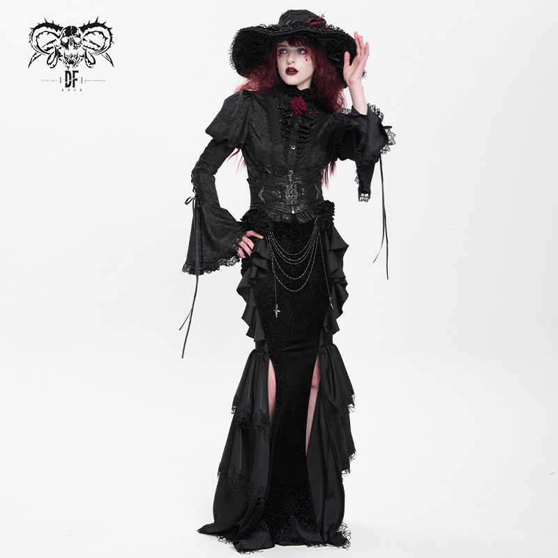 DevilFashion哥特风蕾丝暗纹开衩长裙SKT23601