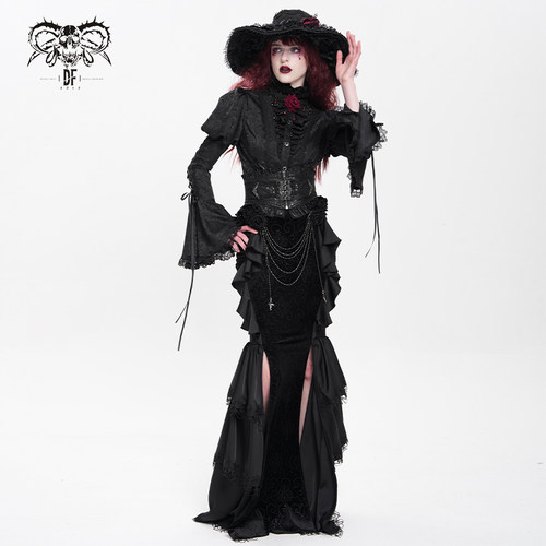 DevilFashion哥特风蕾丝暗纹开衩长裙SKT23601