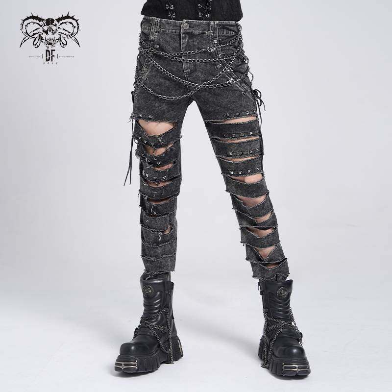 Devil Fashion恶魔时尚哥特暗黑男装破洞直筒裤显瘦牛仔长裤PT277