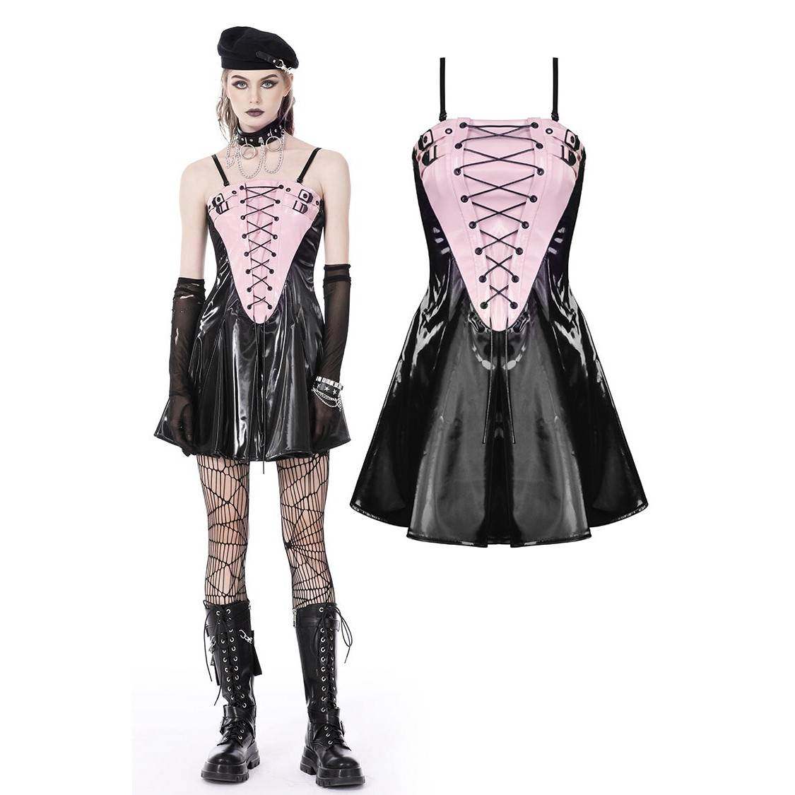 DARK IN LOVE哥特女装 朋克粉色机车漆皮迷你连衣裙 DW722