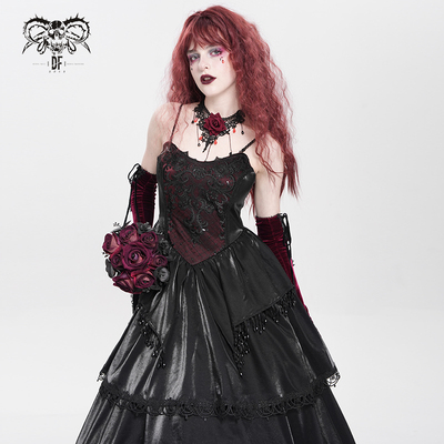 DevilFashion哥特风红黑拼接流苏亮面连衣裙SKT243