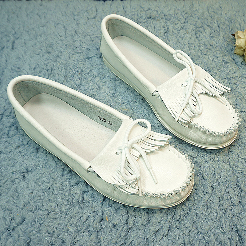 春季新款真皮女士单鞋 流苏浅口小白鞋  护士鞋 平跟软底女鞋