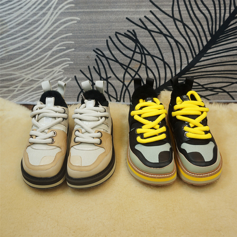 秋冬帆布+皮拼接羊毛女士休闲鞋厚底松糕底丑萌鞋保暖时尚95-2