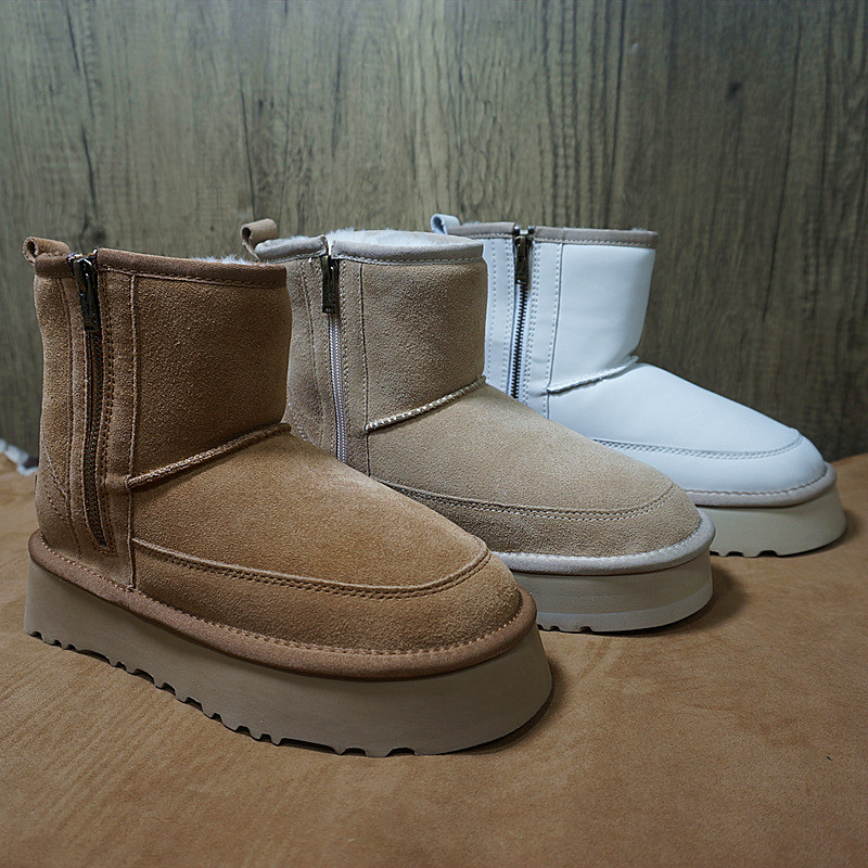 真皮牛皮新款中筒牛皮羊毛女士雪地靴 侧拉链厚底保暖女靴28-5D