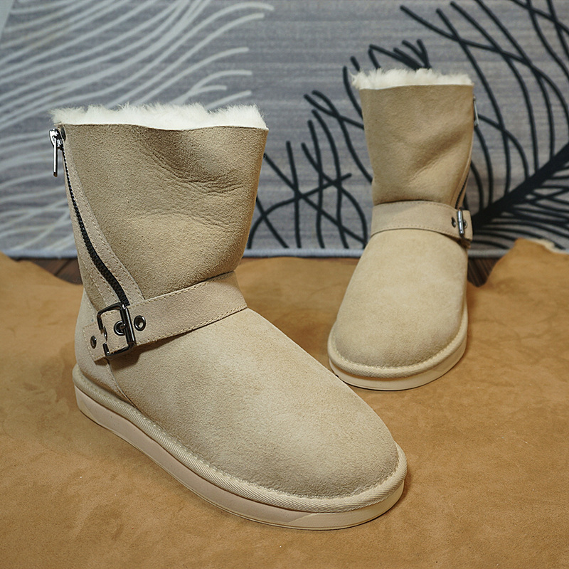 中筒靴 冬季新款真皮羊皮毛一体雪地靴 拉链橡胶保暖棉靴68-4