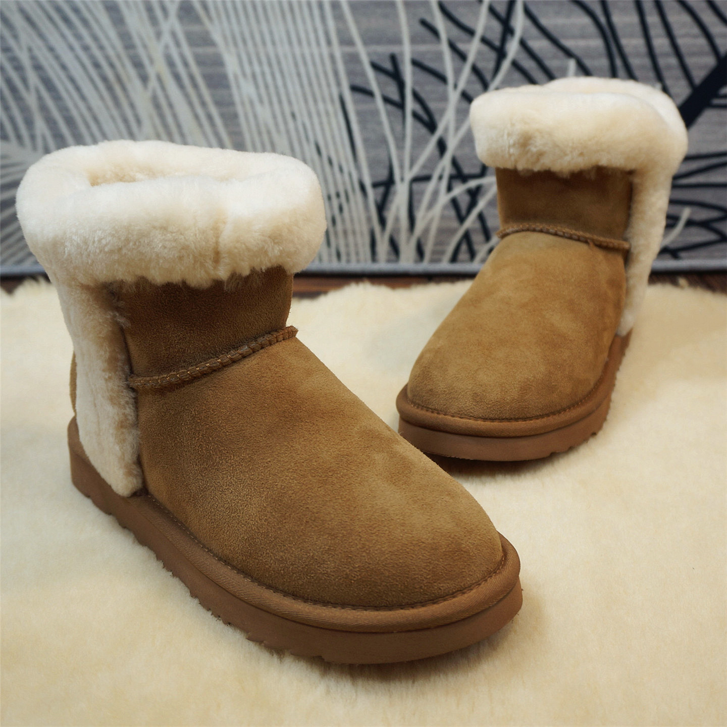 新款短筒靴 真皮羊皮毛一体女士雪地靴冬季保暖套筒女靴27-13C