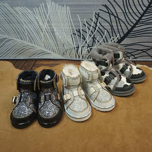 冬季新款真皮羊毛儿童雪地靴 机车靴 男孩女孩同款保暖棉靴28-7D