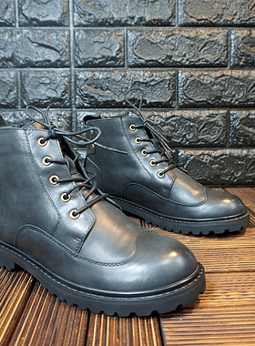 新款真皮牛皮男士羊毛一体马丁靴圆头系带平跟靴子情侣款C29-11A