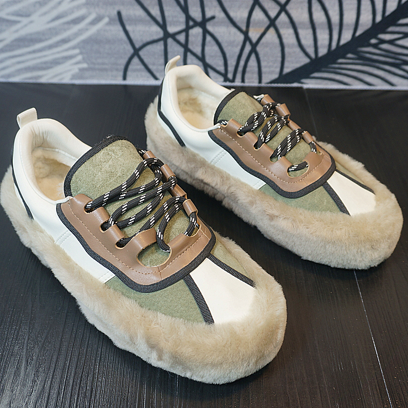 真皮羊毛一体平跟休闲鞋圆头