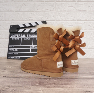 保暖女靴中筒靴蝴蝶结丝带防滑真皮羊皮毛一体雪地靴11 新款 冬季