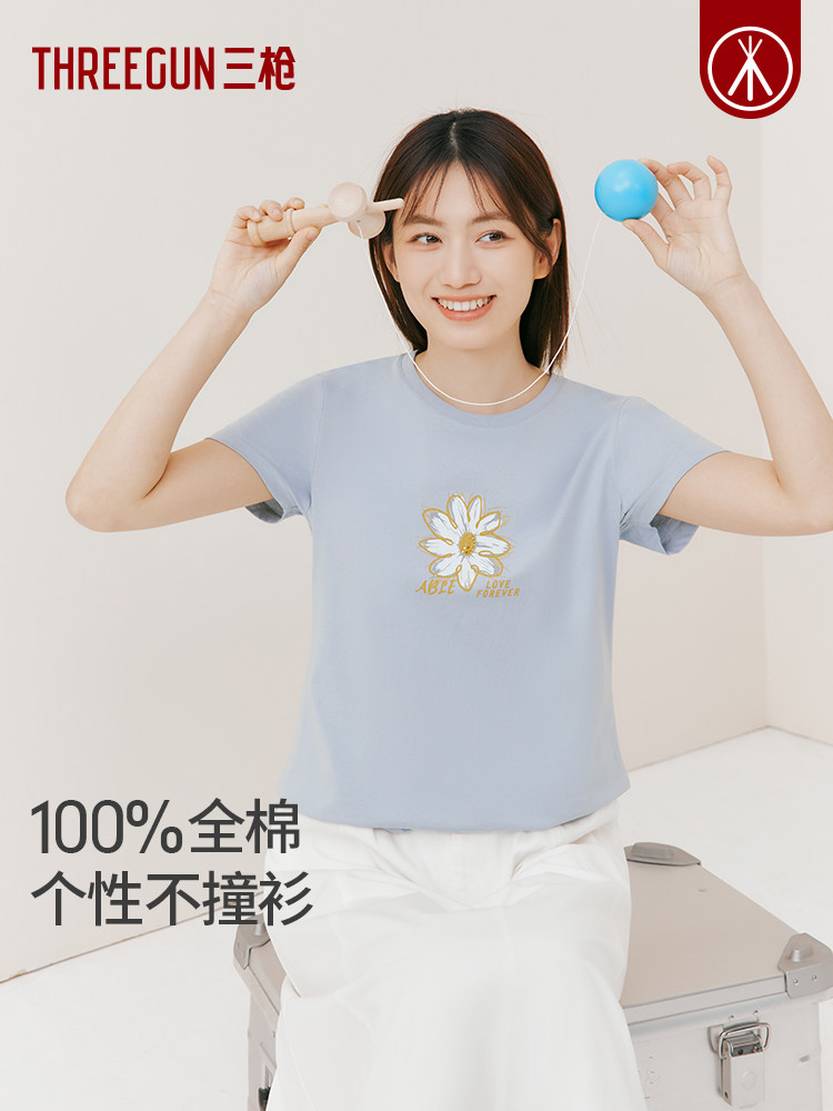 세 총 여성 티셔츠 여름 순면 인쇄 여성 반팔 라운드 넥 물 부드러운면 대형 스포츠 땀 흡수면 언더 셔츠
