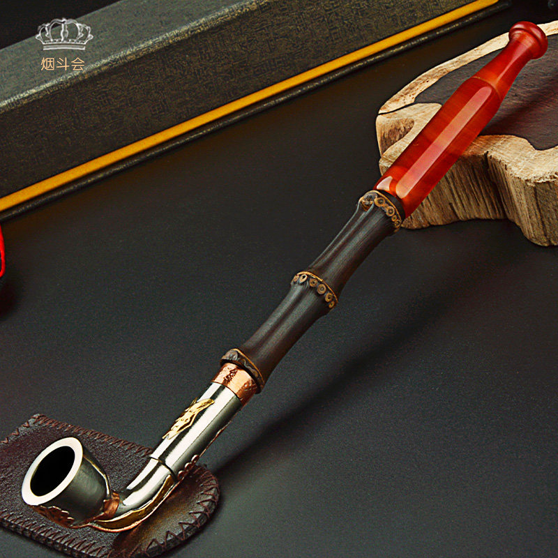 烟斗老式烟袋锅子旱烟袋男士紫竹烟杆白铜烟锅加长红玛瑙烟嘴烟斗