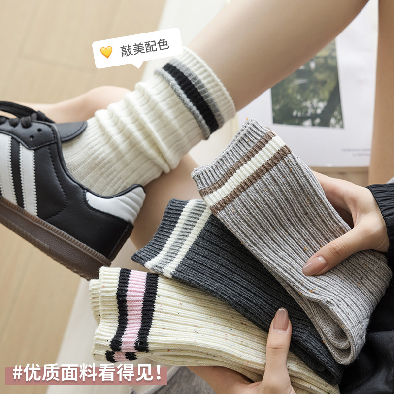 条纹两杠学院风袜子女复古日韩点子纱休闲百搭中筒粗线棉袜堆堆