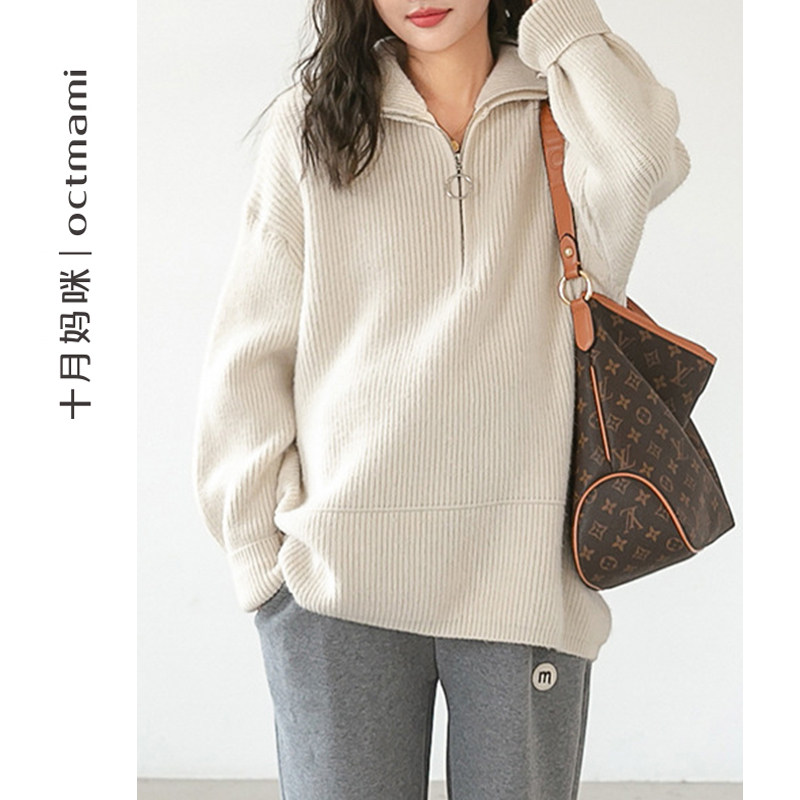 十月妈咪孕妇毛衣冬季外穿时尚宽松洋气时髦半拉链翻领针织衫冬装