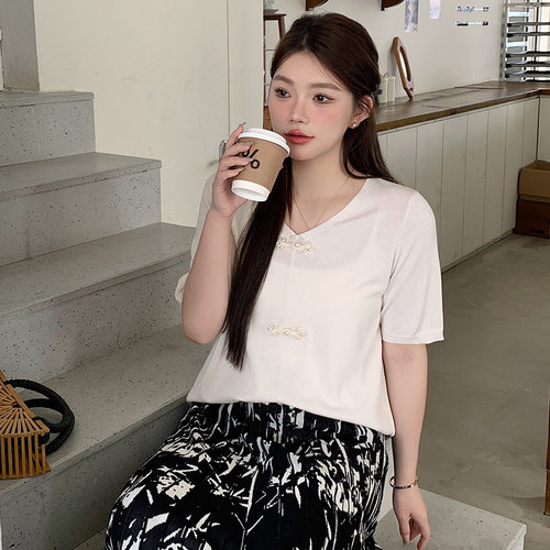 大码女装中式国风上衣女薄款针织衫2026夏款胖mm冰丝短袖t恤22263