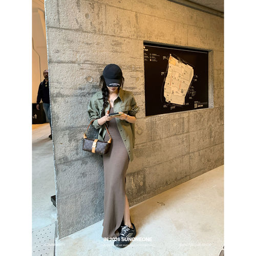 SUNONEONE 240-260g修身U领长款针织吊带连衣裙女春收腰长裙裙子