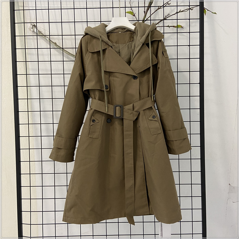 meili7083长款风衣羽绒服女2023冬季新款连帽英伦风90白鸭绒外套