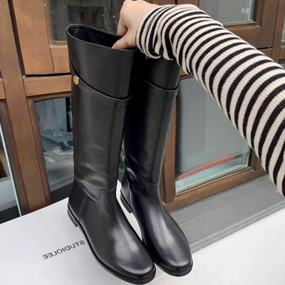 头层牛皮~howus韩版骑士靴真皮不过膝长筒靴女高筒靴子中筒皮靴