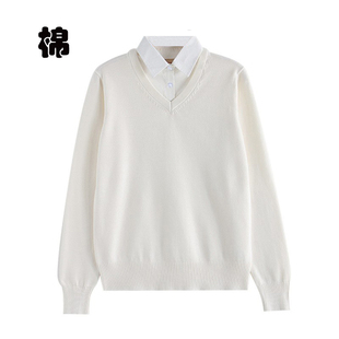纯棉假两件套打底衫衬衫领针织毛衣秋冬V领长袖薄款全棉男工作服