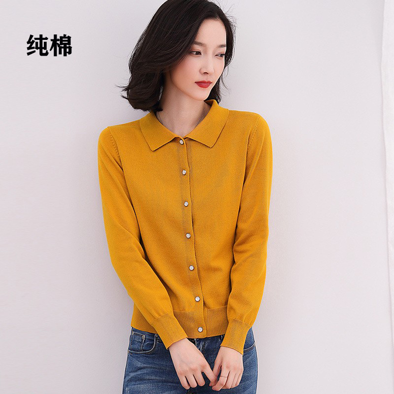 纯棉开衫女翻领秋薄款针织衫外套外搭全棉宽松线衣外
