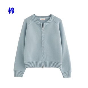 纯棉针织开衫 设计感小个子 女全棉毛衣加厚拉链外套线衣冬小众短款