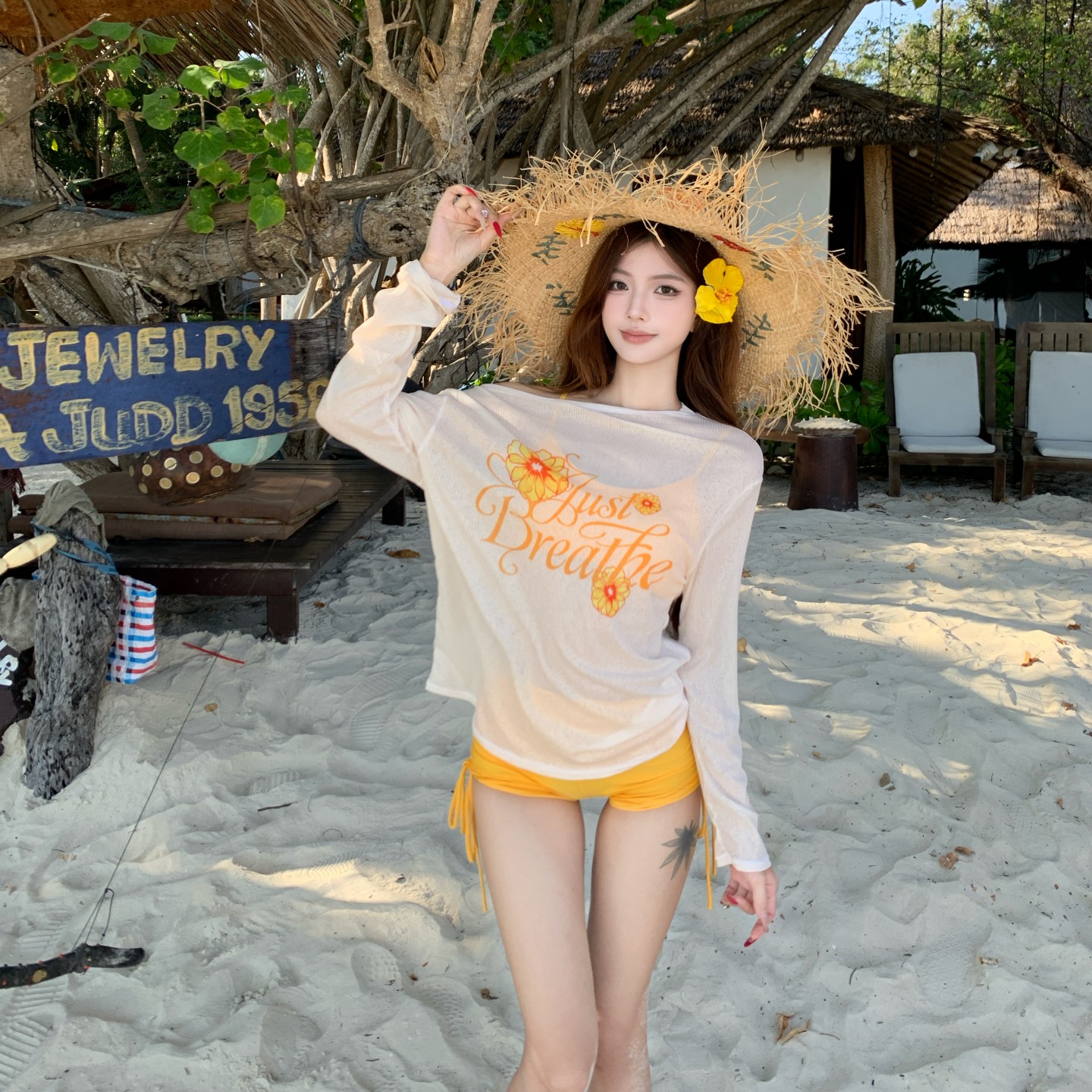 泰国度假风甜美少女纯欲分体泳衣女性感辣妹长袖罩衫沙滩三件套