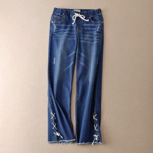 潮流精品 绑绳毛边裤脚女高腰阔腿弹力牛仔裤 宽松休闲便捷松紧腰