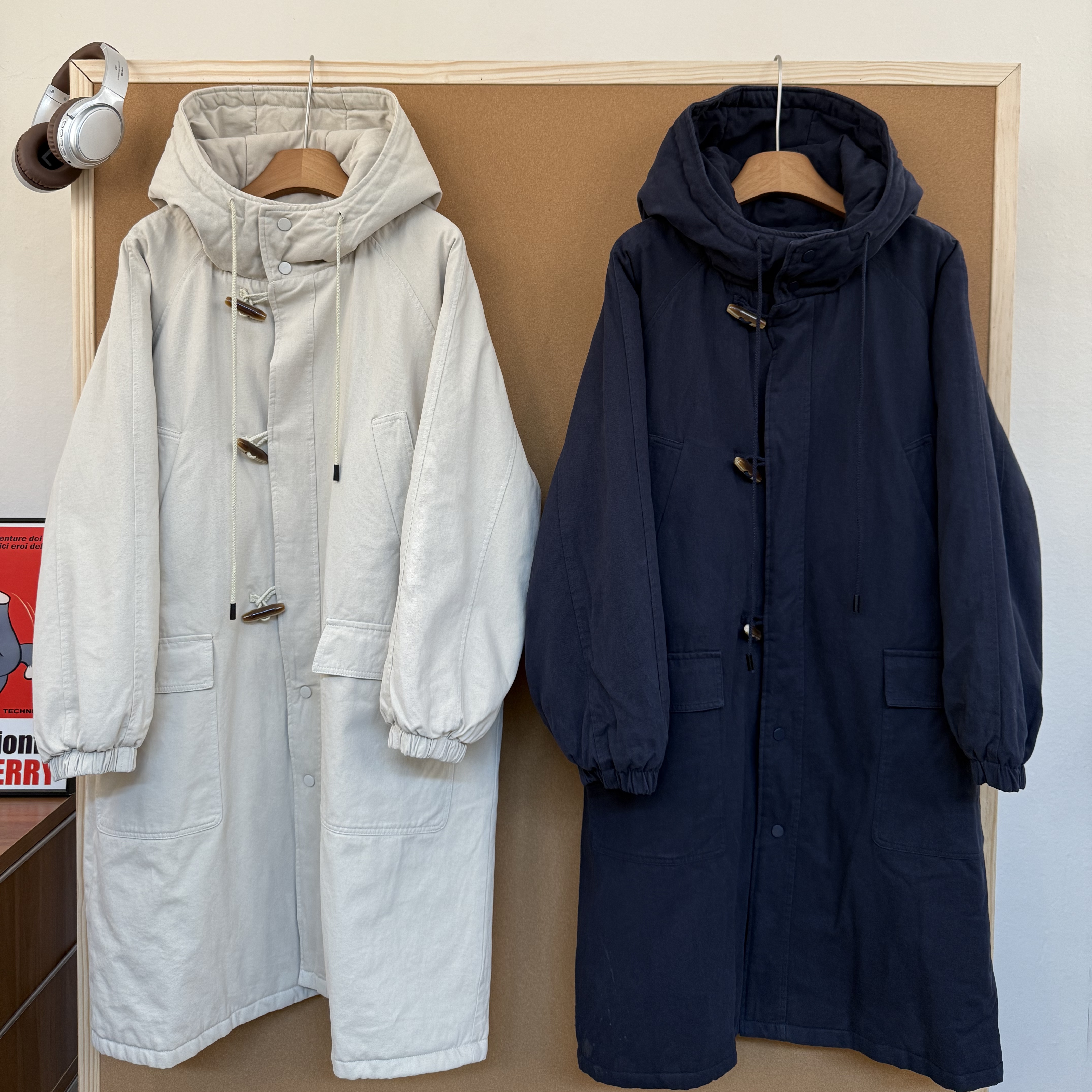 日系工装感牛角扣加厚中长款棉服