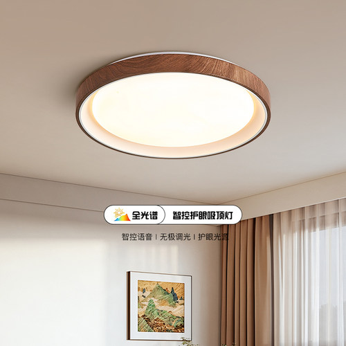 原木风护眼卧室灯北欧日式房间吸顶灯中古风复古木纹民宿书房灯具