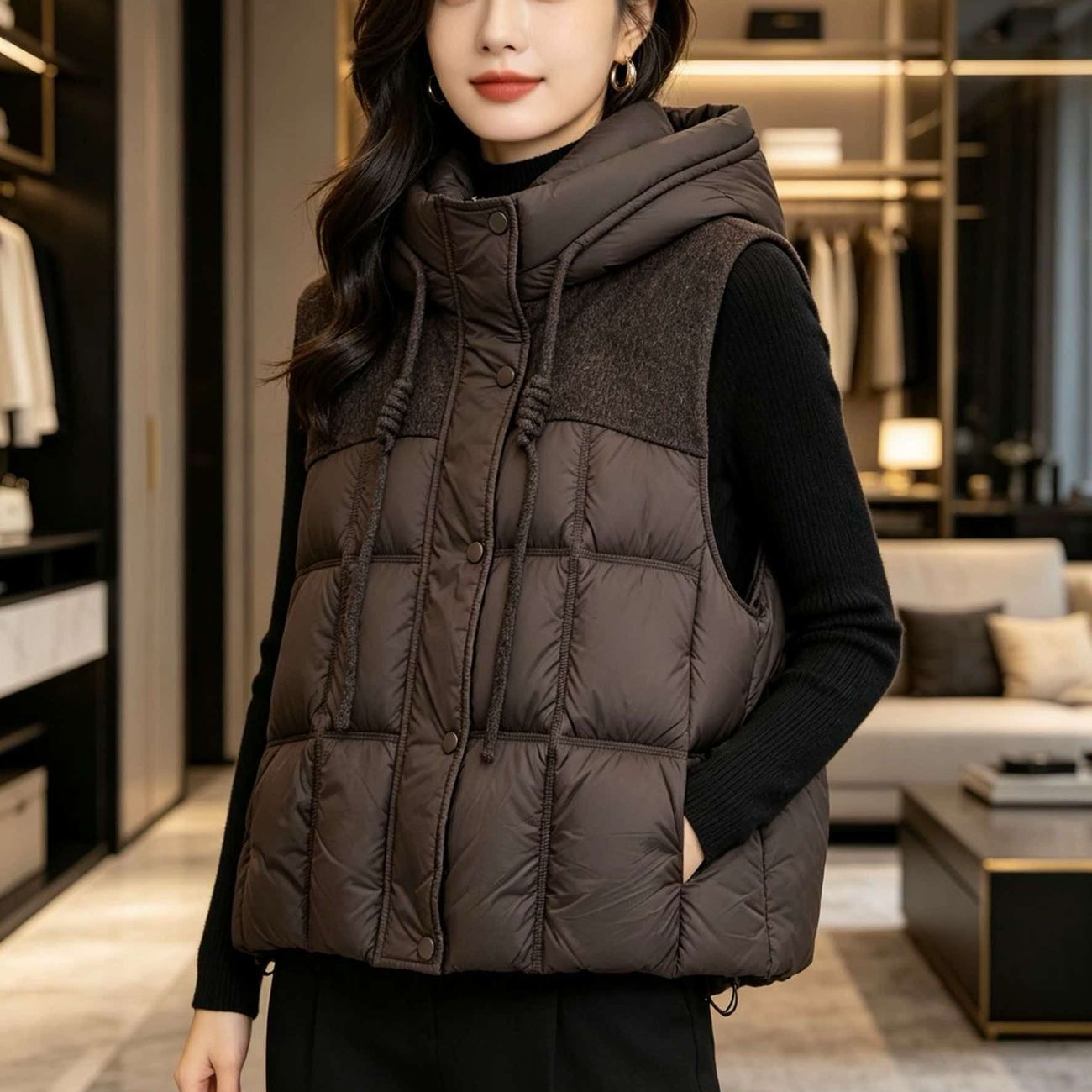 毛呢拼接连帽羽绒马甲女秋冬宽松短款外穿叠穿保暖坎肩外套
